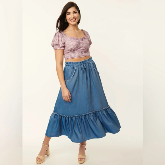 🦋B2G1🦋UNIQUE VINTAGE 1970s Chambray Ruffle Tiered Midi Skirt | NWT | - Picture 3 of 12
